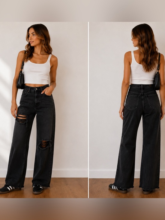 Zara Denim - ZARA Black Ripped Wide Leg Jeans Size 4 US 26 High Rise Distressed Straight Deni